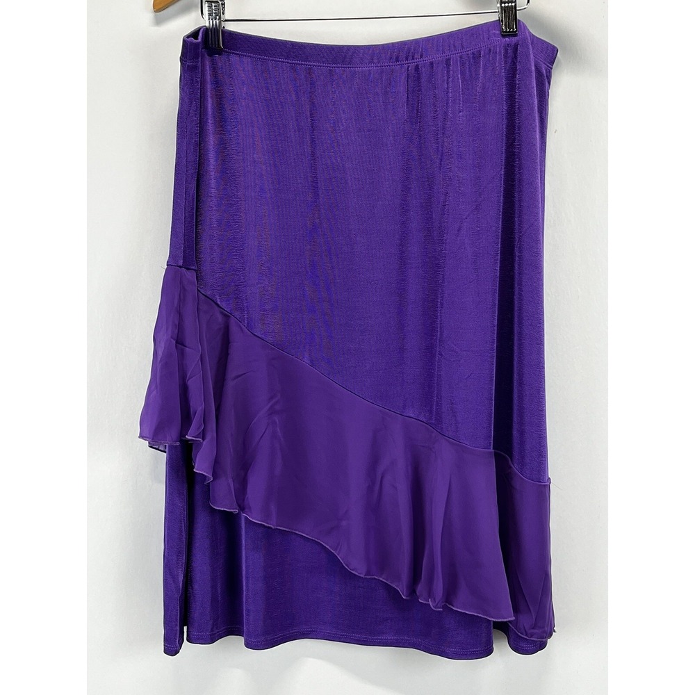 NEW! Slinky Brand Knee Length Skirt Womens 1X Plus Purple Ruffle Comfort Travel